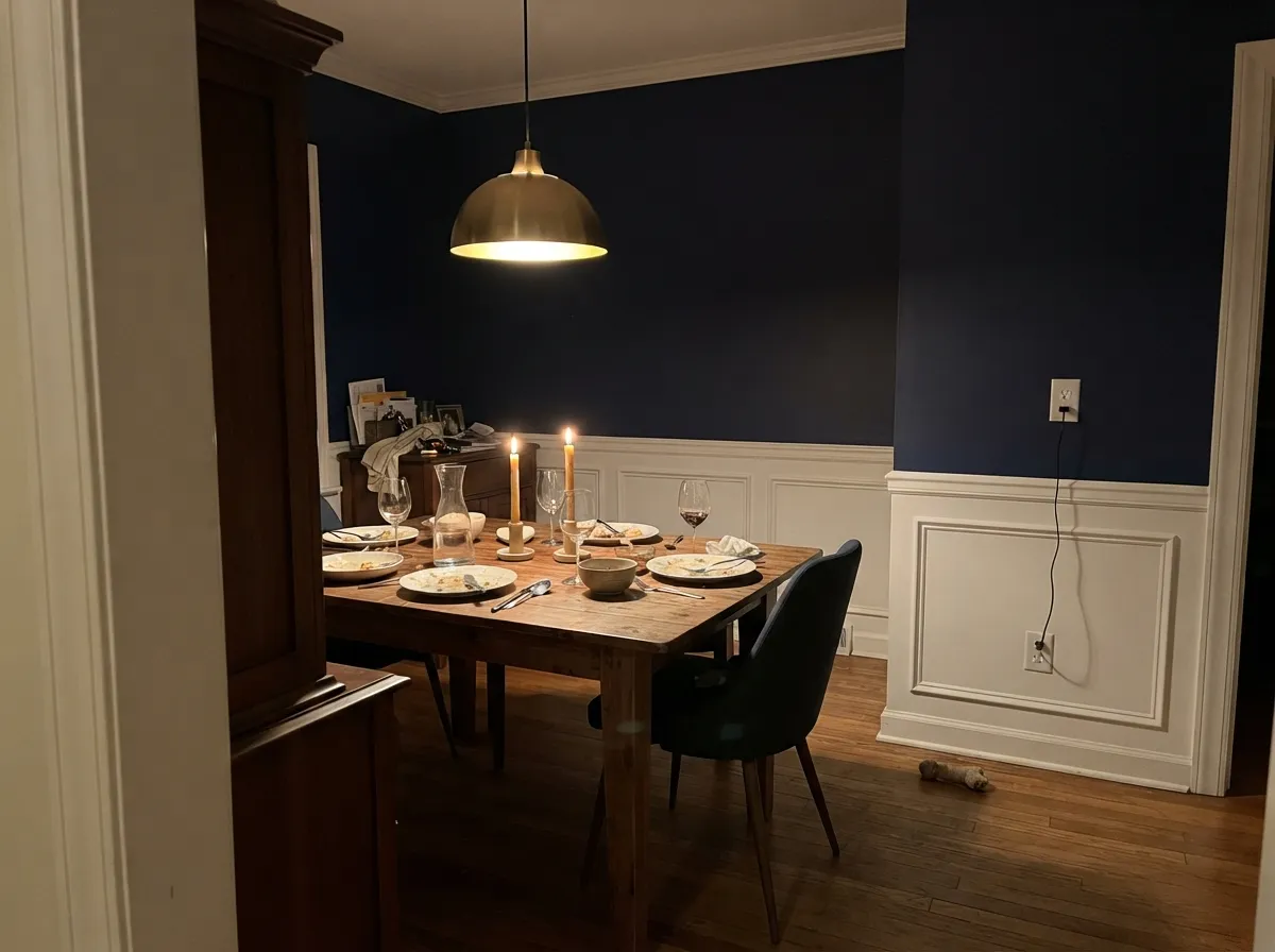 Under warm evening bulbs the blue turns to ink and the room closes in — the best-case version of a color this dark.