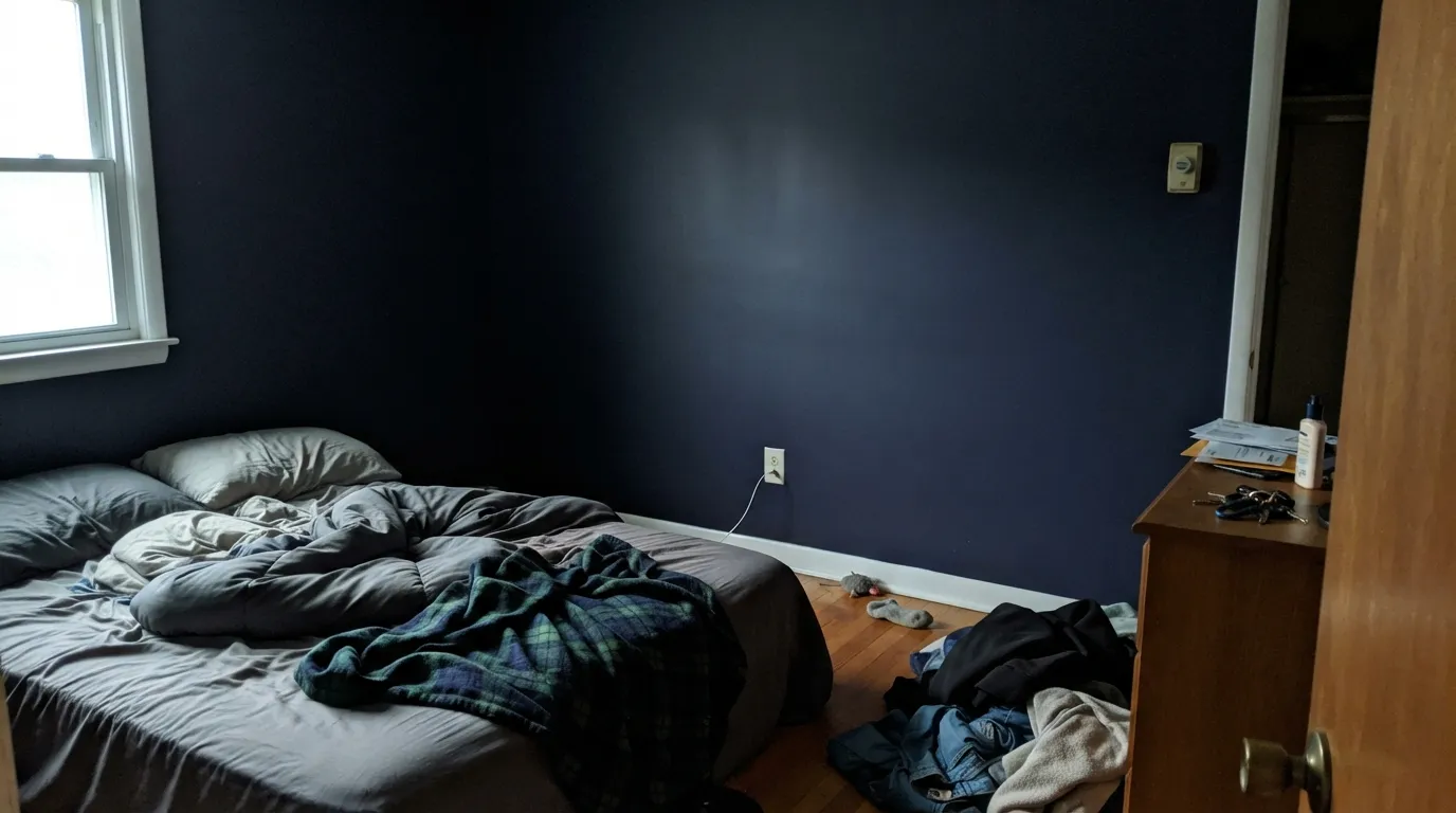 The honest shot: in a dim north-facing room the blue disappears and you are left with a black wall — the complaint people post most.