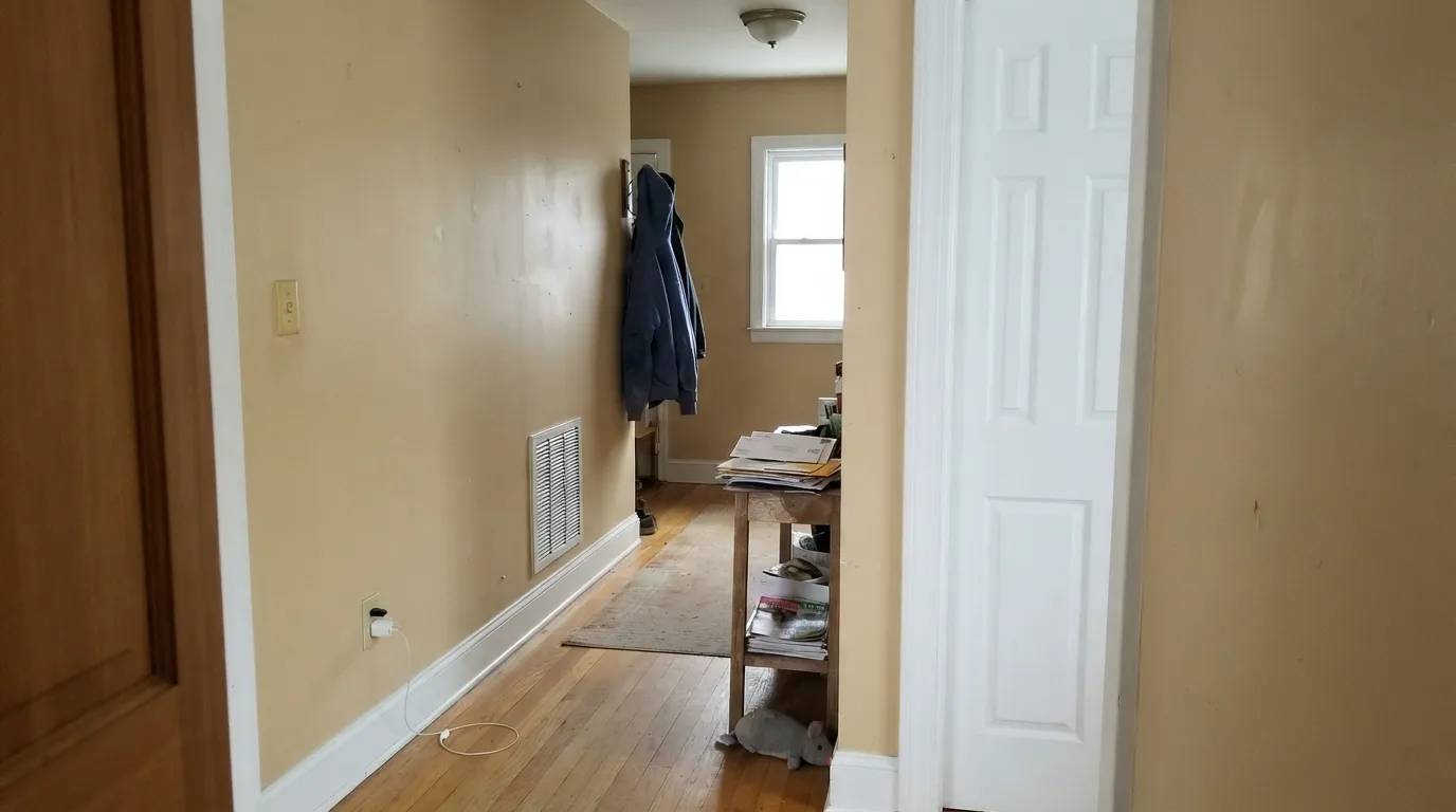 The honest shot: next to a bright white door and trim, the same paint suddenly reads dirty instead of warm — the single most common regret with this shade.