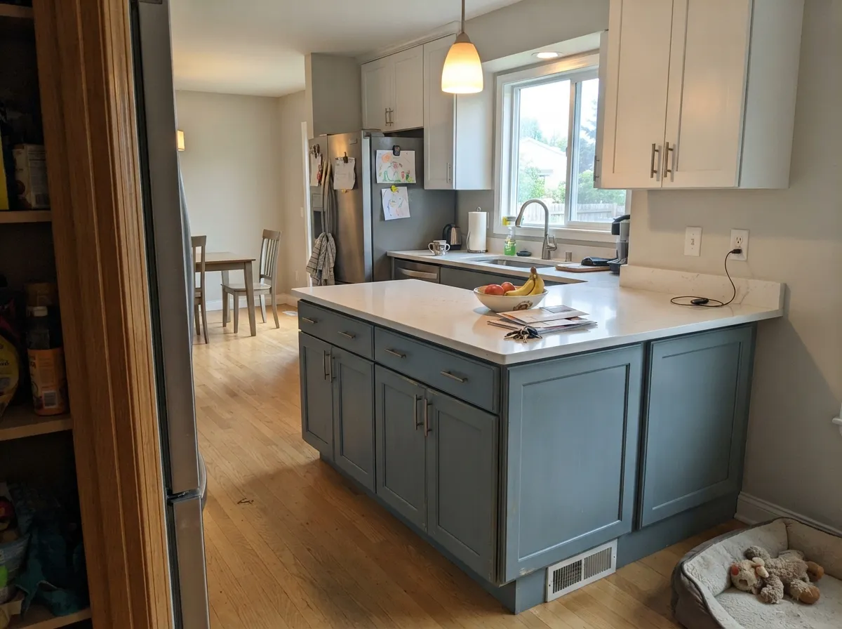 On an island the color reads deliberate rather than blue-by-accident, and it hides fingerprints white cabinets would show.