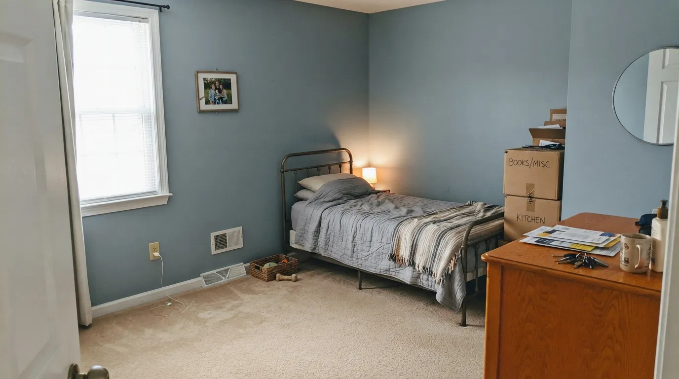 The honest shot: the chip said gray, the wall says blue — and against warm beige carpet and orange oak, both sides look worse.