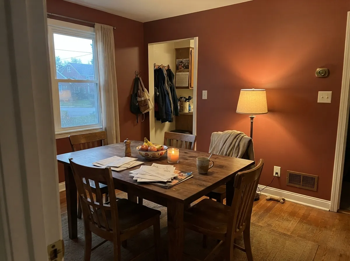 Drenched in a small dining room with warm white trim — the color at its richest, most walnut-lit best.