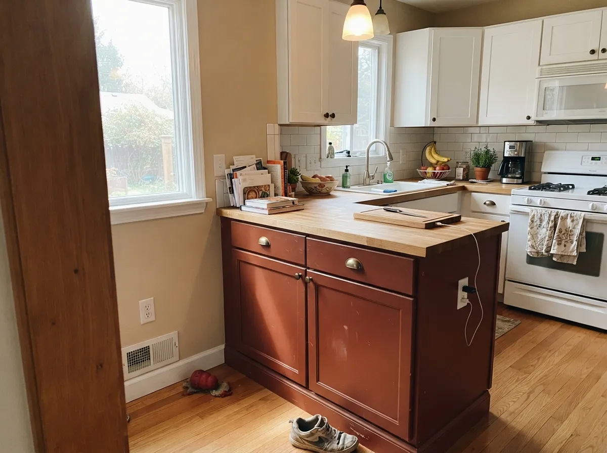As an island color under white perimeter cabinets, the red-brown reads deliberate, not overwhelming.