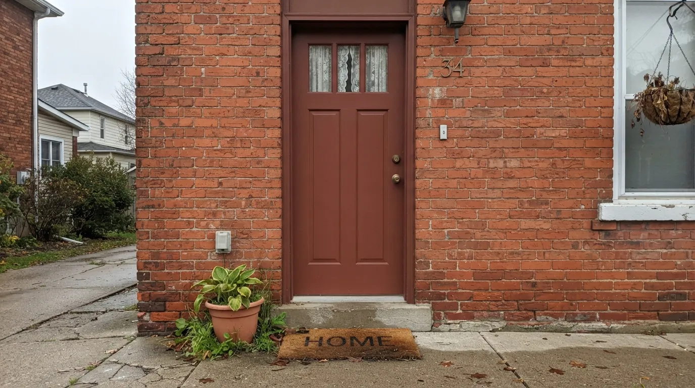 The honest surprise: painted next to the homeowner's actual brick, Boston Brick reads noticeably browner and smoother than the orange-toned real masonry — it's an idealized brick-red, not a color-match tool.