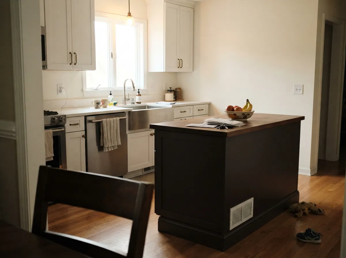 White perimeter cabinets and a Branchport Brown island — the pairing that turns up in the handful of real kitchens photographed with this color.