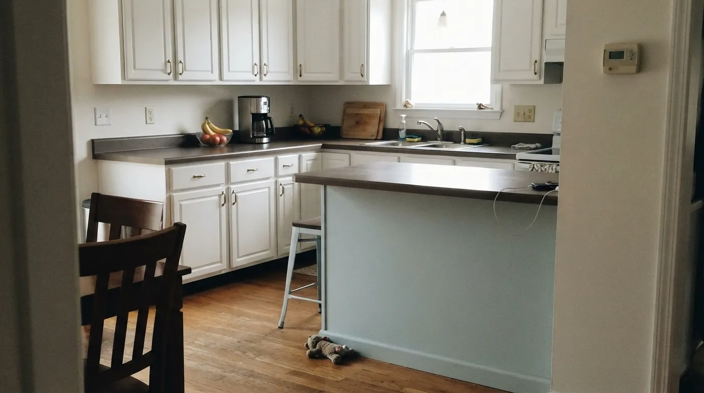 Breath of Fresh Air on the island against white cabinets — the pairing that made it Color of the Year and still holds up.