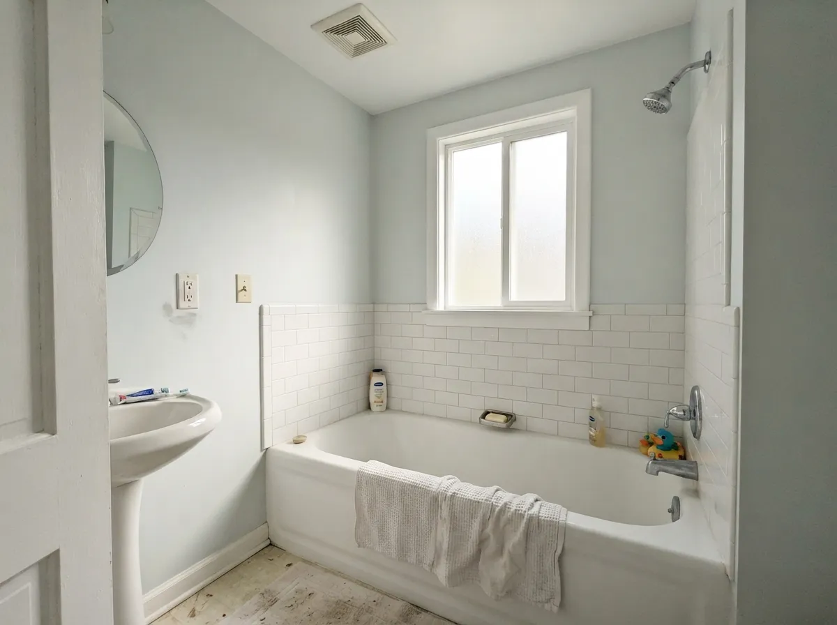 In a bright bathroom it holds a genuine spa blue-green without tipping into a bolder teal.