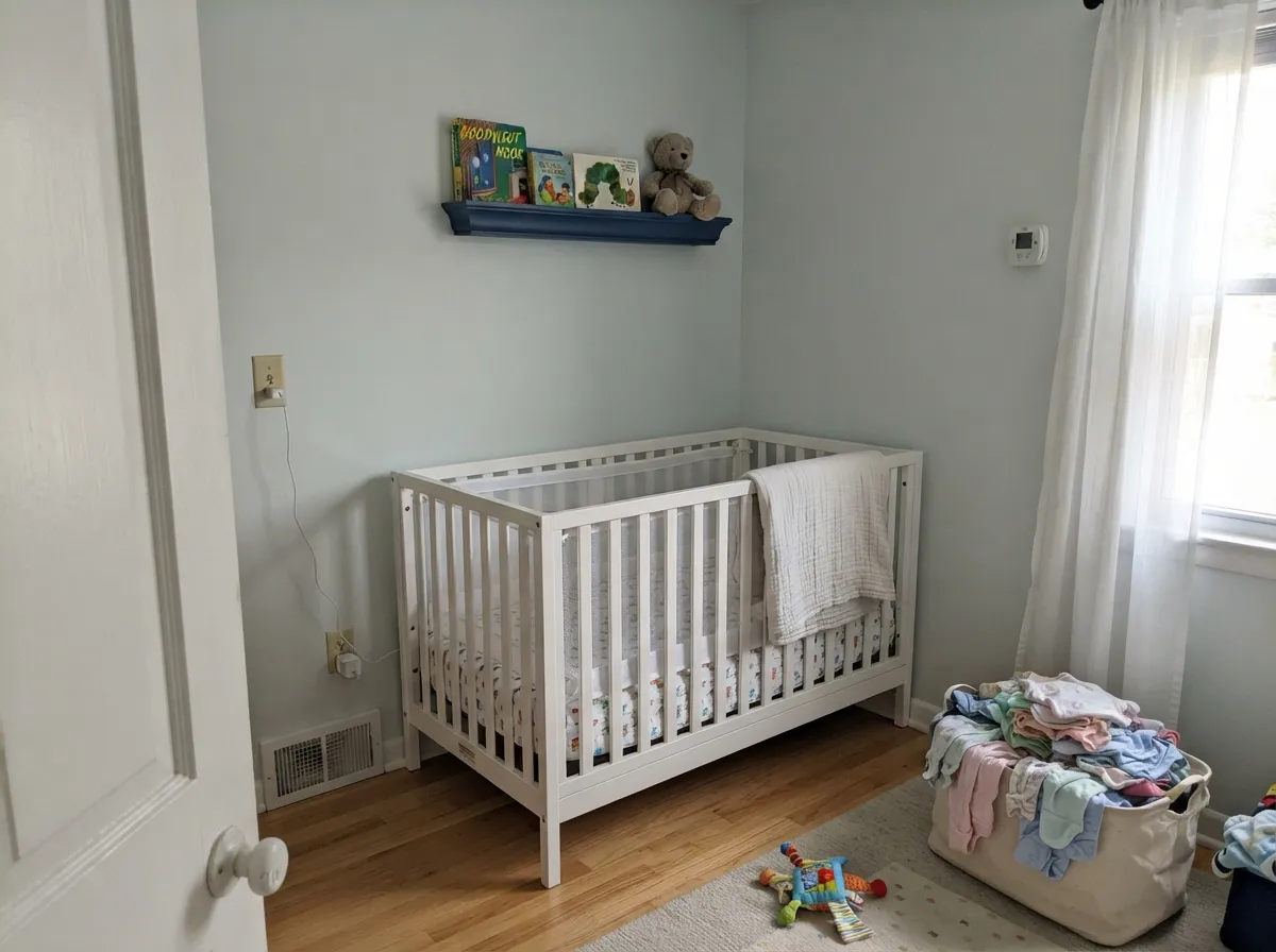 Paired with navy instead of pastel accents, it reads as a real color choice a room can grow into — not baby blue.