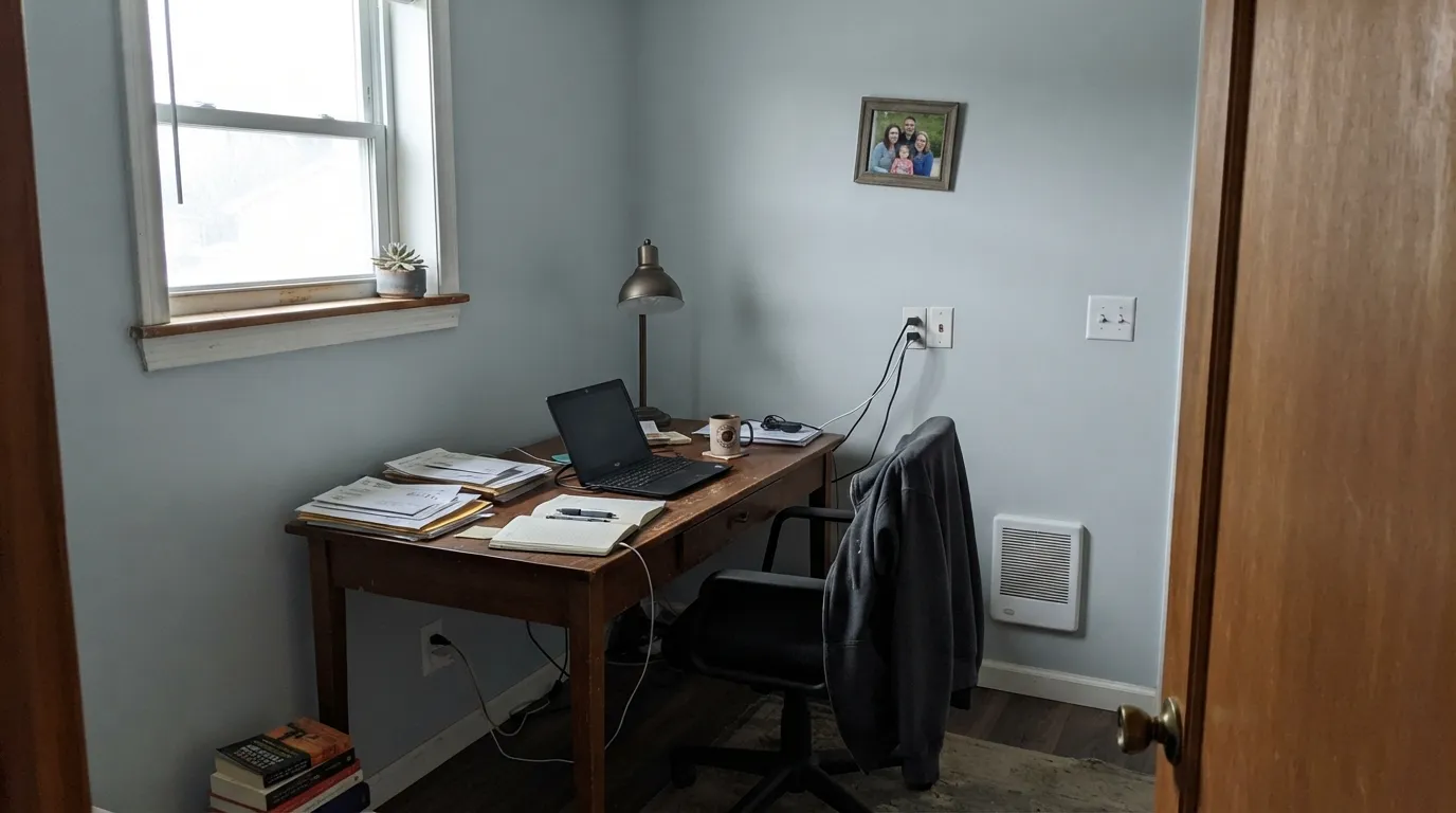 The honest shot: without real daylight, the blue-green all but disappears and the wall reads like a dull, dingy off-white — the exact complaint behind its worst reviews.