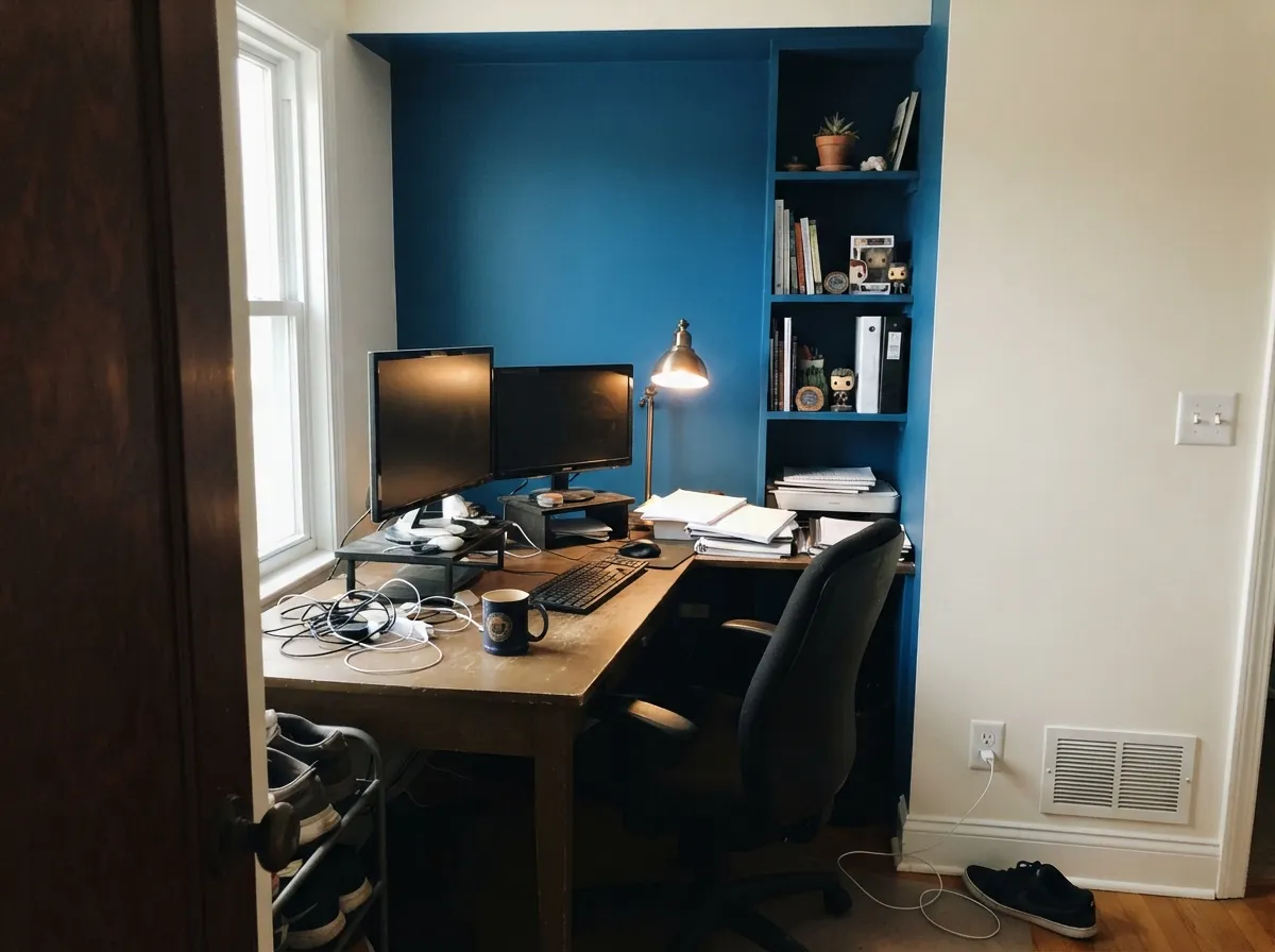 One blue wall of built-ins with soft white everywhere else — depth and focus without the room closing in.