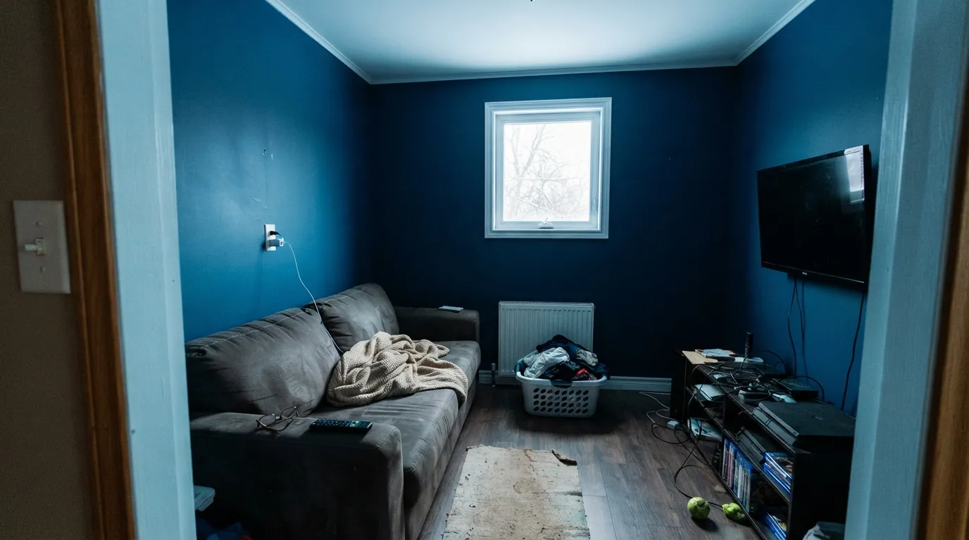 The honest shot: readers who wanted a moody navy den get this instead — in dim north light the blue goes heavy and cold, and even the white trim picks up the cast.