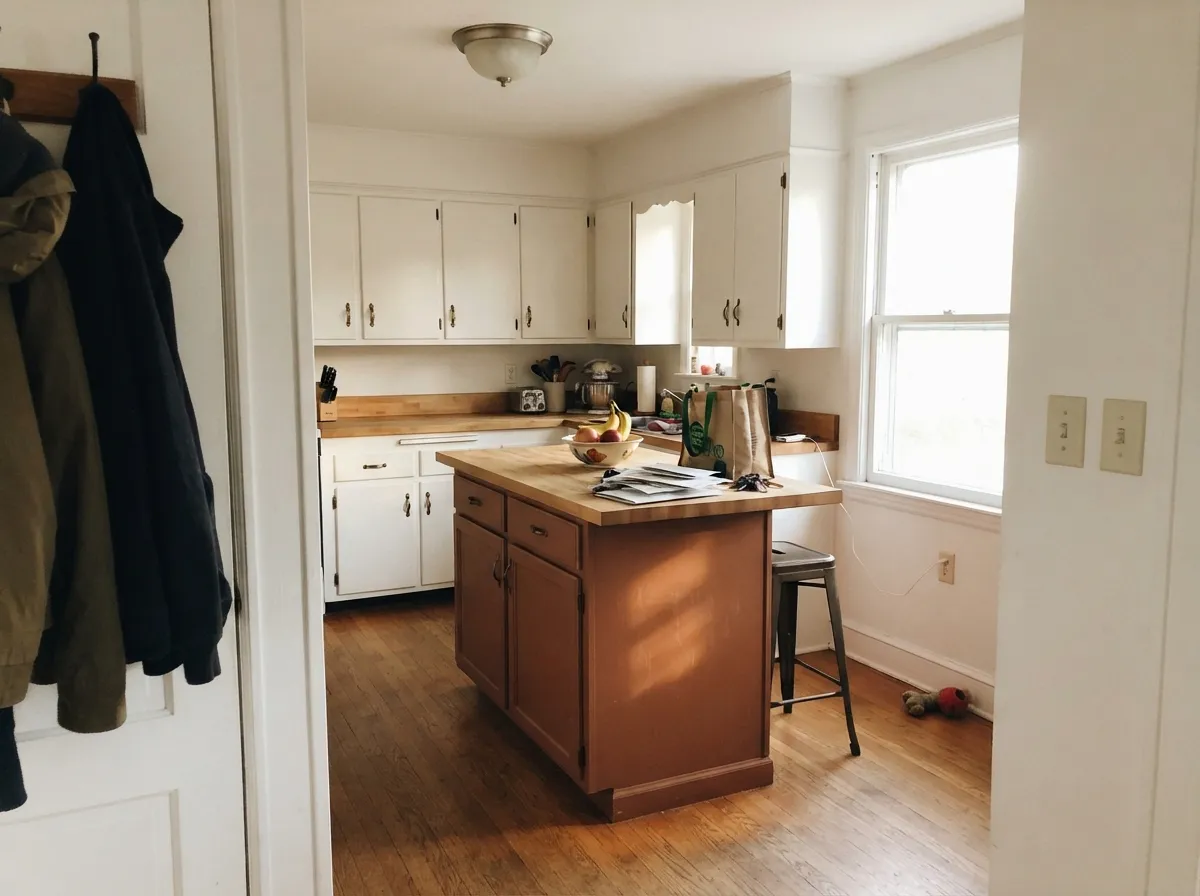 As an island under white cabinets, the rust reads rich and deliberate — brass hardware and butcher block are its natural company.