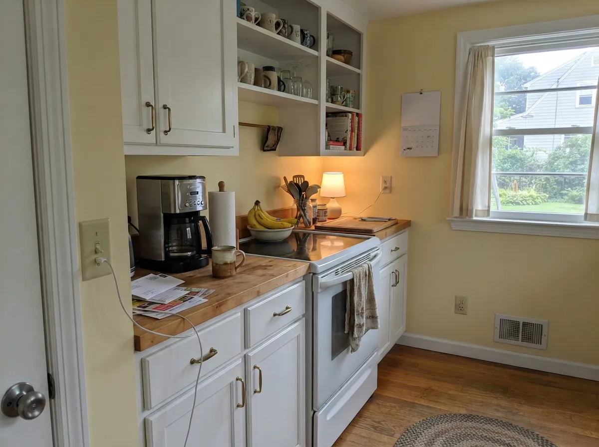 Against clean white cabinets and brass the yellow reads cheerful, not dated — the cabinets have to stay whiter than the walls or the room turns into one soft blur.