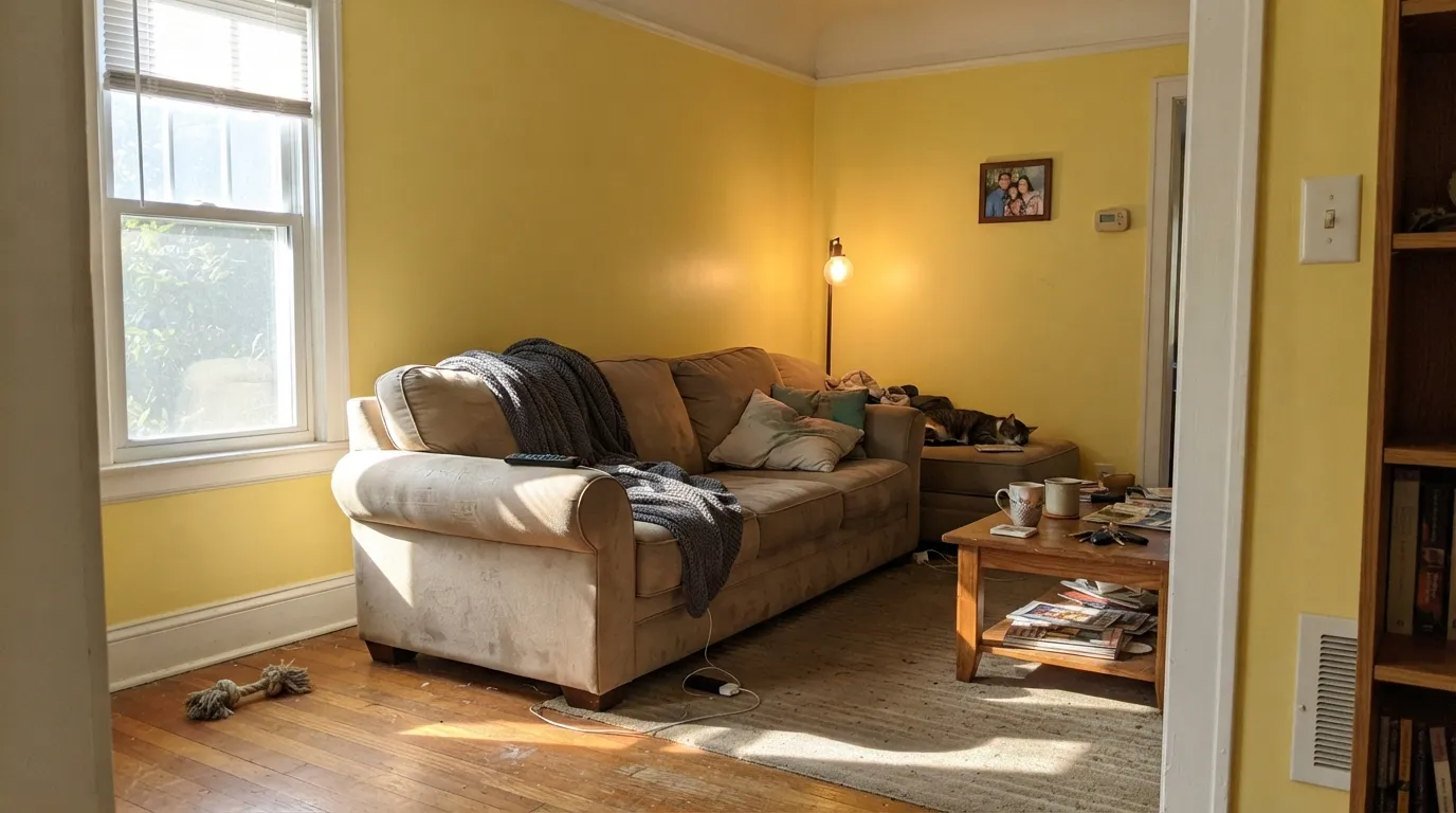 The honest shot: hard west afternoon sun doubles the color and throws yellow onto the white trim and ceiling — the exact hour to sample before you buy gallons.