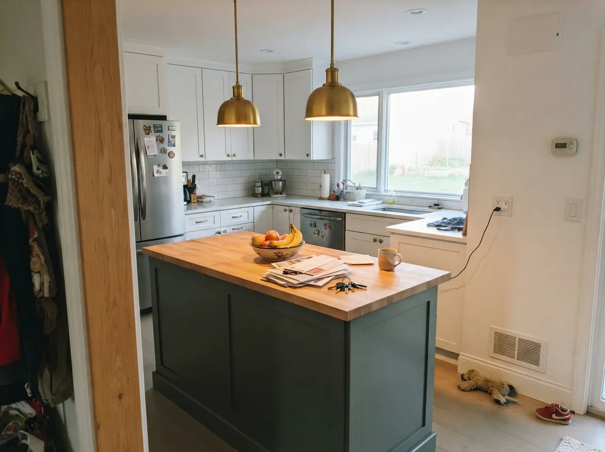 On an island against crisp white, the green reads deep and deliberate instead of murky — Benjamin Moore's own pairing advice at work.