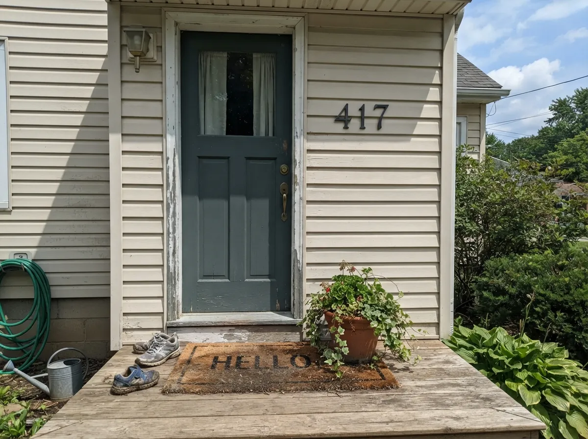 Against light siding in full sun, the door reads clearly green instead of blending toward black.