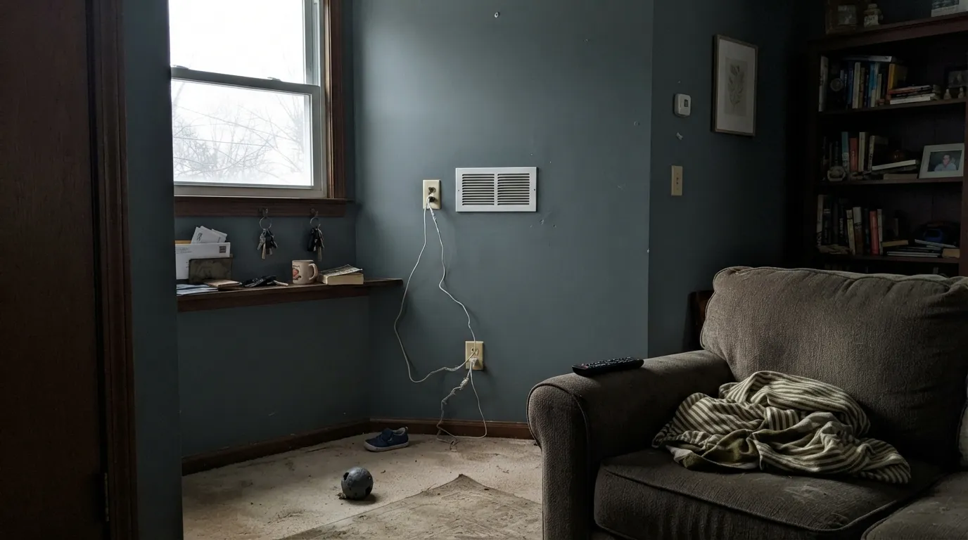 The honest shot: cool, flat north light drains the green and leaves a flat, near-charcoal gray — the exact situation that surprises buyers who sampled it in a sunny showroom.
