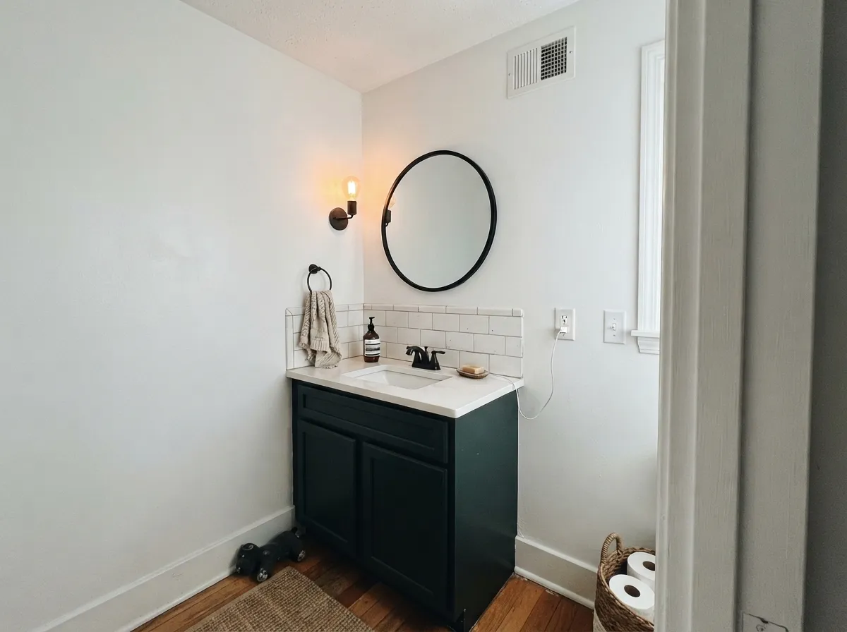In a small room with a white ceiling and one warm light, the near-black vanity reads jewel-box instead of cave.
