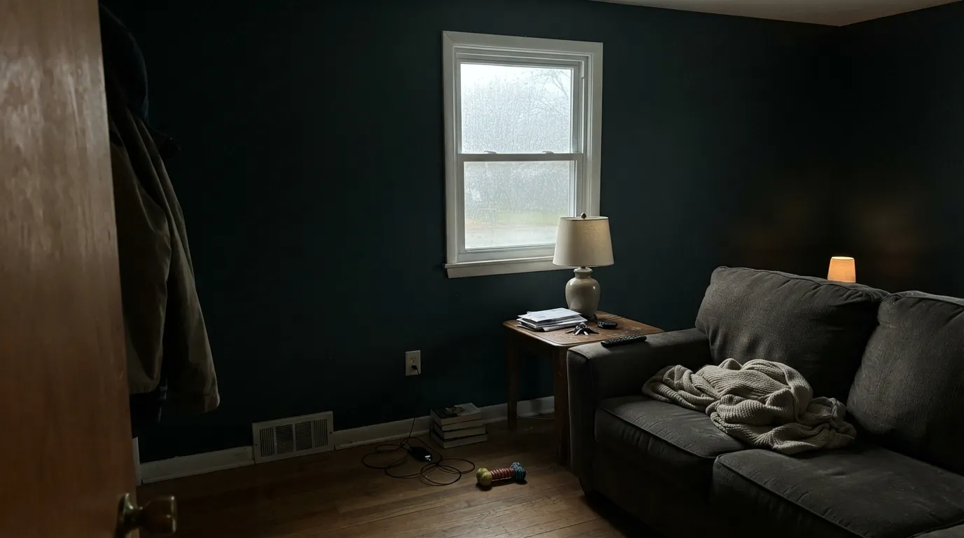 The honest shot: matte sheen, indirect north light, lamp off. The wall reads plain black — no blue, no green, just dark, which is exactly the complaint behind buying this color for its name.