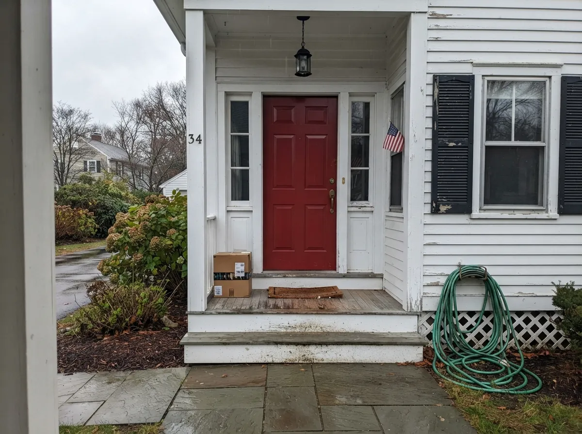 The use Benjamin Moore itself recommends: gloss Caliente on a white house with near-black shutters — the only bright note on the facade.