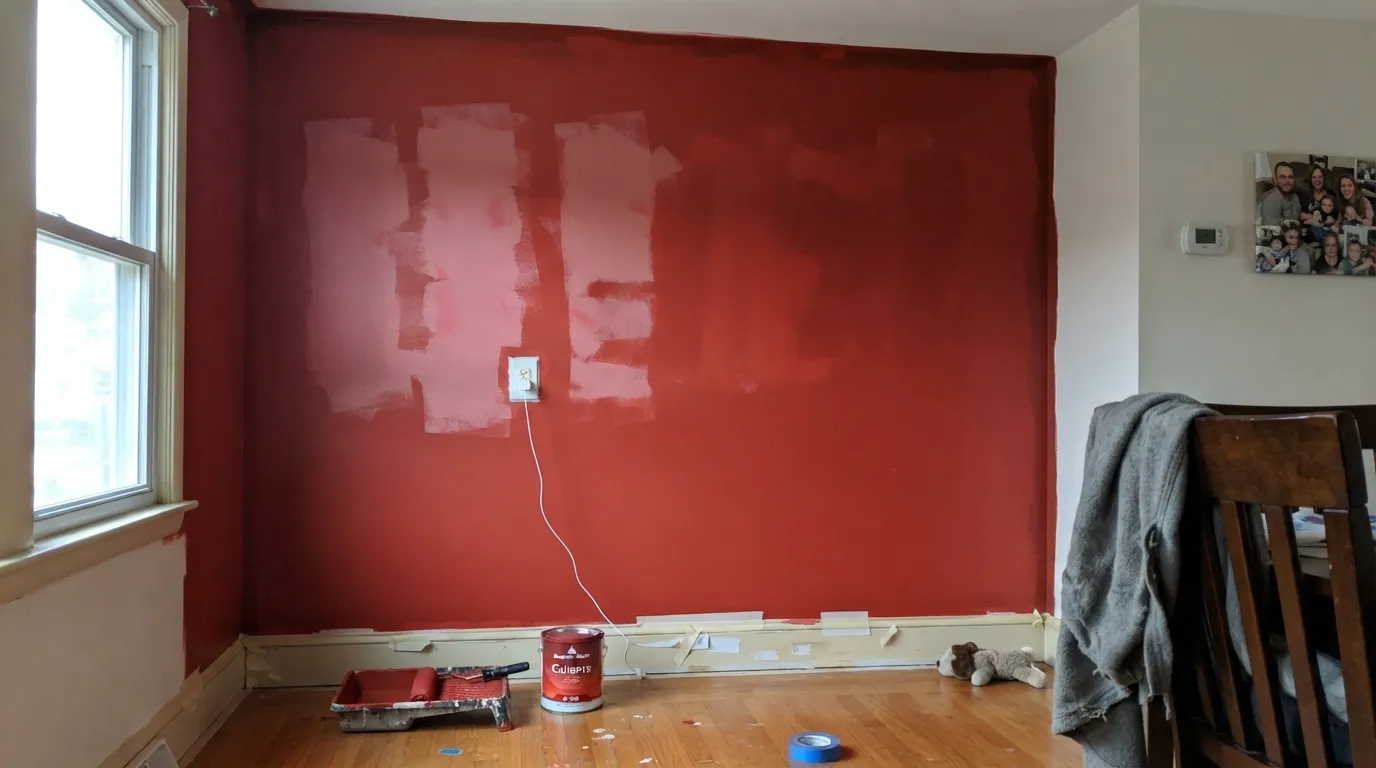 The honest shot: red pigment barely covers, so over white primer coat two looks streaky and pink — the complaint behind most Caliente horror stories, and the reason a gray-tinted primer comes first.