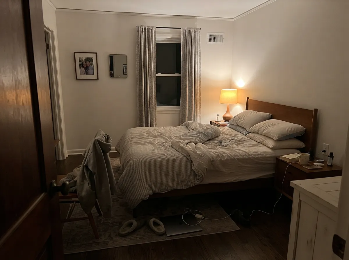 Calm bedroom walls softened under warm lamplight.
