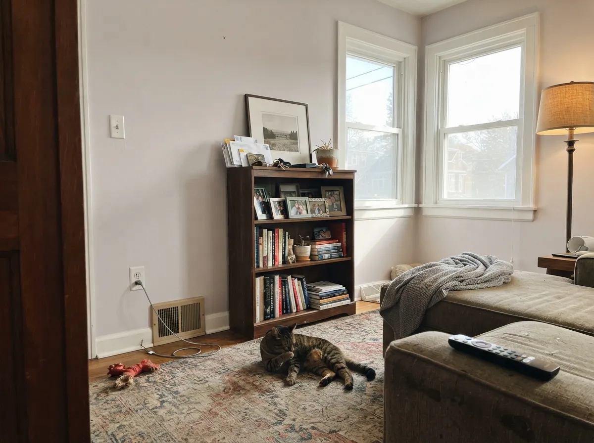 Calm living room walls in direct west-facing afternoon sun.