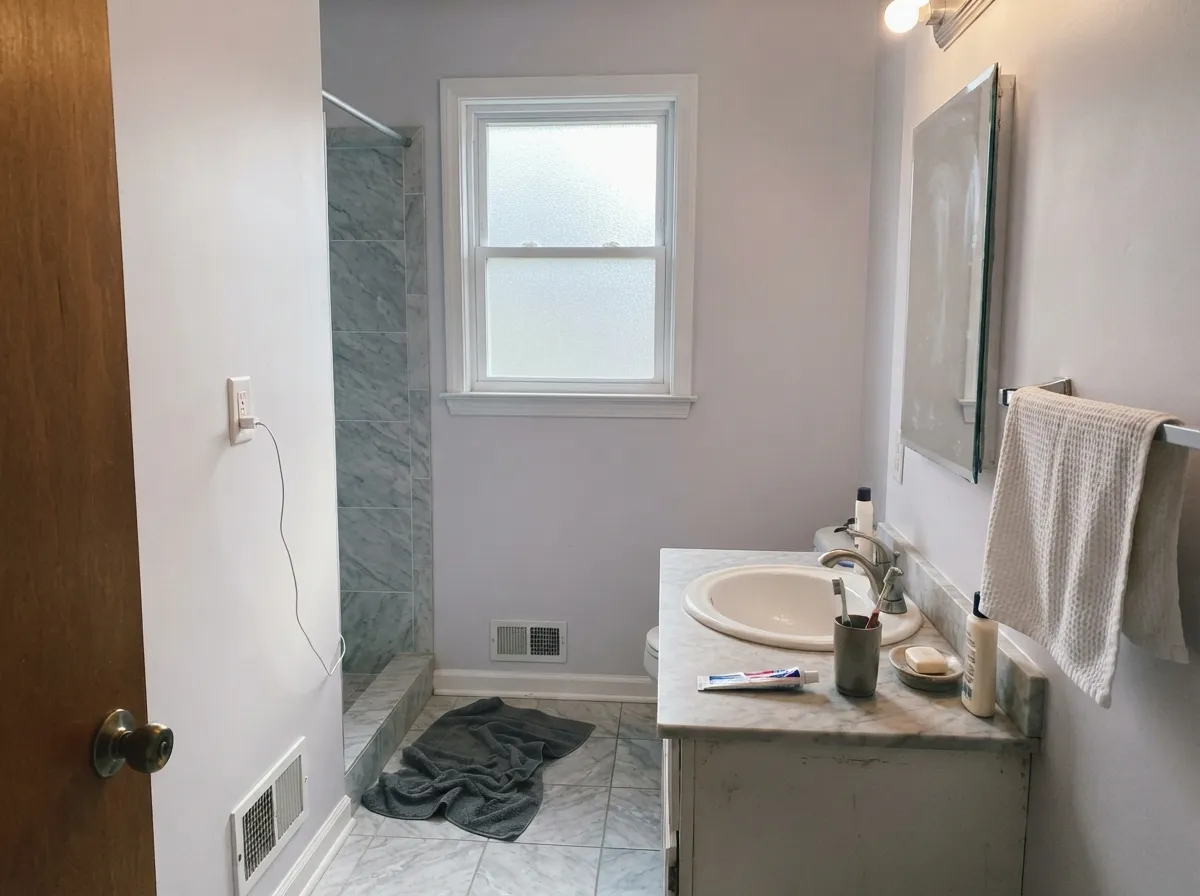 Calm bathroom walls with gray marble and chrome fixtures.
