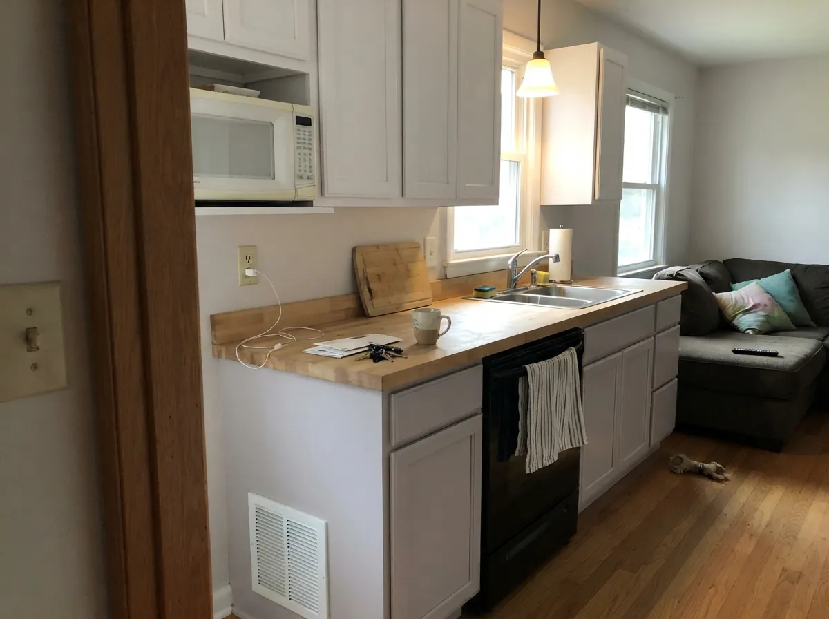 Calm on satin-finish shaker kitchen cabinets.