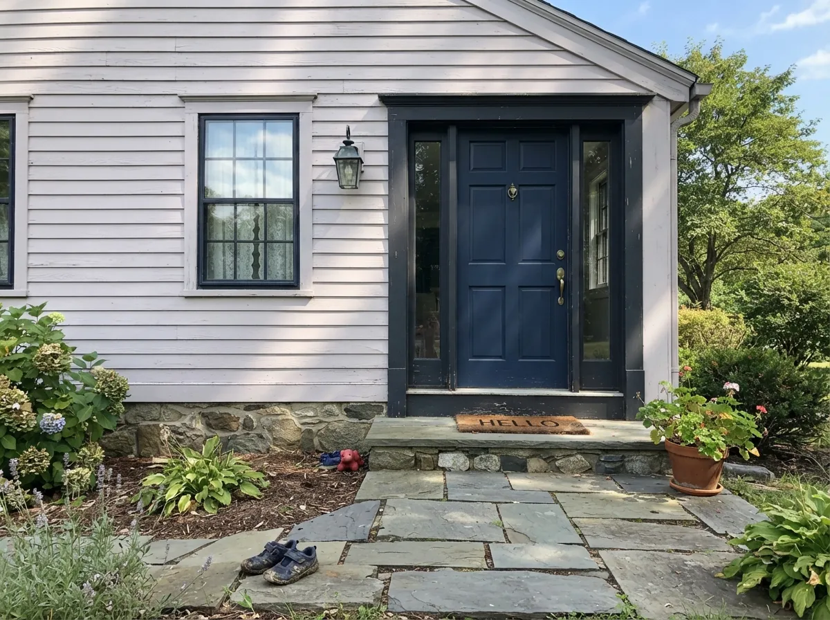 Calm exterior siding with dark trim and a stone foundation in full sun.