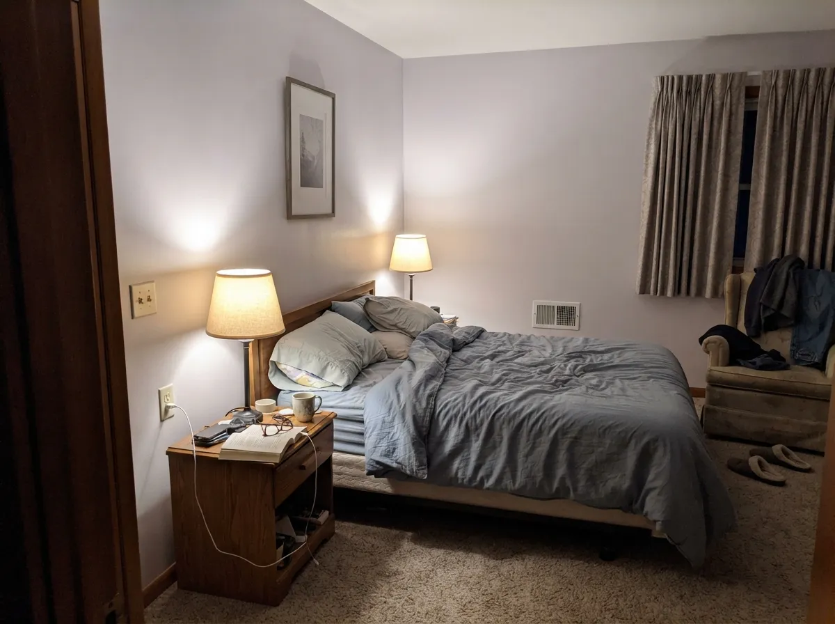 Under warm 2700K lamps at night the walls settle into soft cream — the lighting that keeps Calm calm.