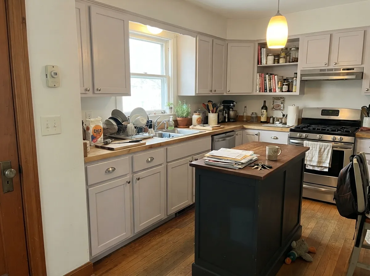 On shaker doors Calm reads like soft aged paint rather than factory white, with the charcoal island holding the room down.