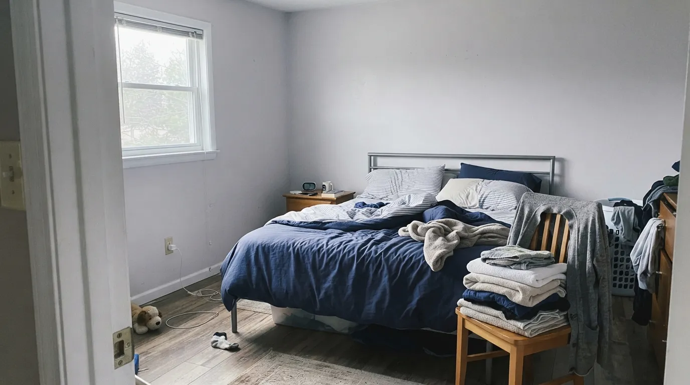 The honest shot: in a north-facing room with no warm light, the violet comes out and Calm reads lavender-gray — the exact complaint people post.