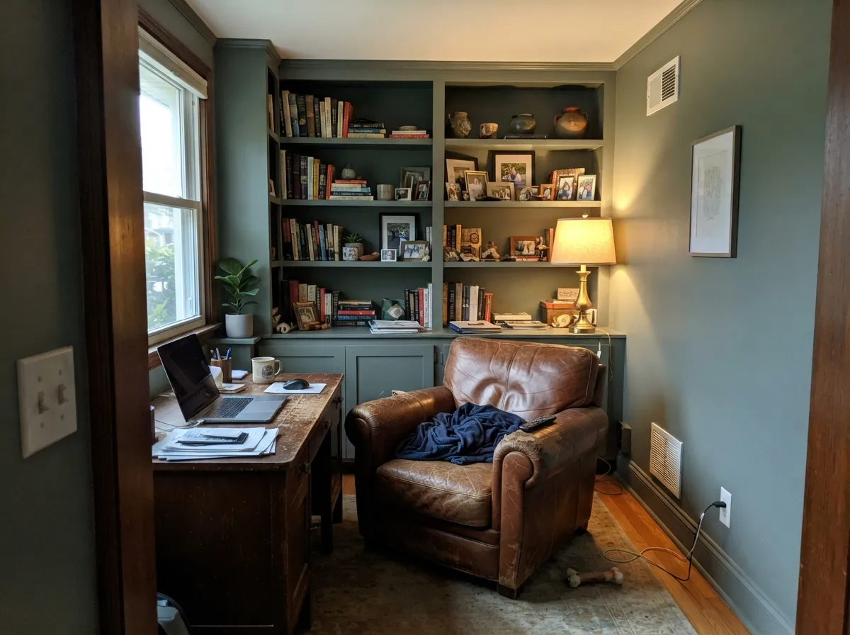 In a lamplit den with walnut furniture, the color settles into a warm, grounded green-gray — its second-best job after cabinets.