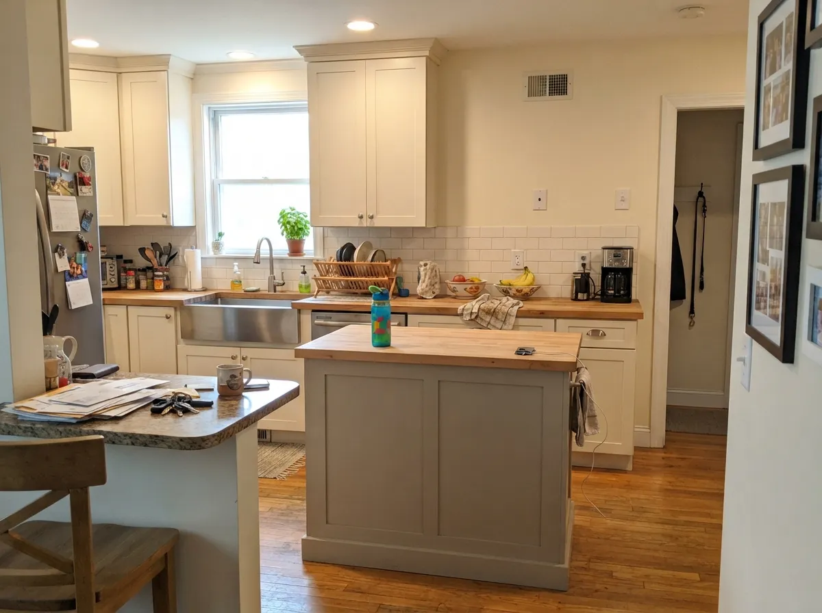 On an island under warm counters and morning light, the driftwood taupe reads calm and coastal, not muddy.