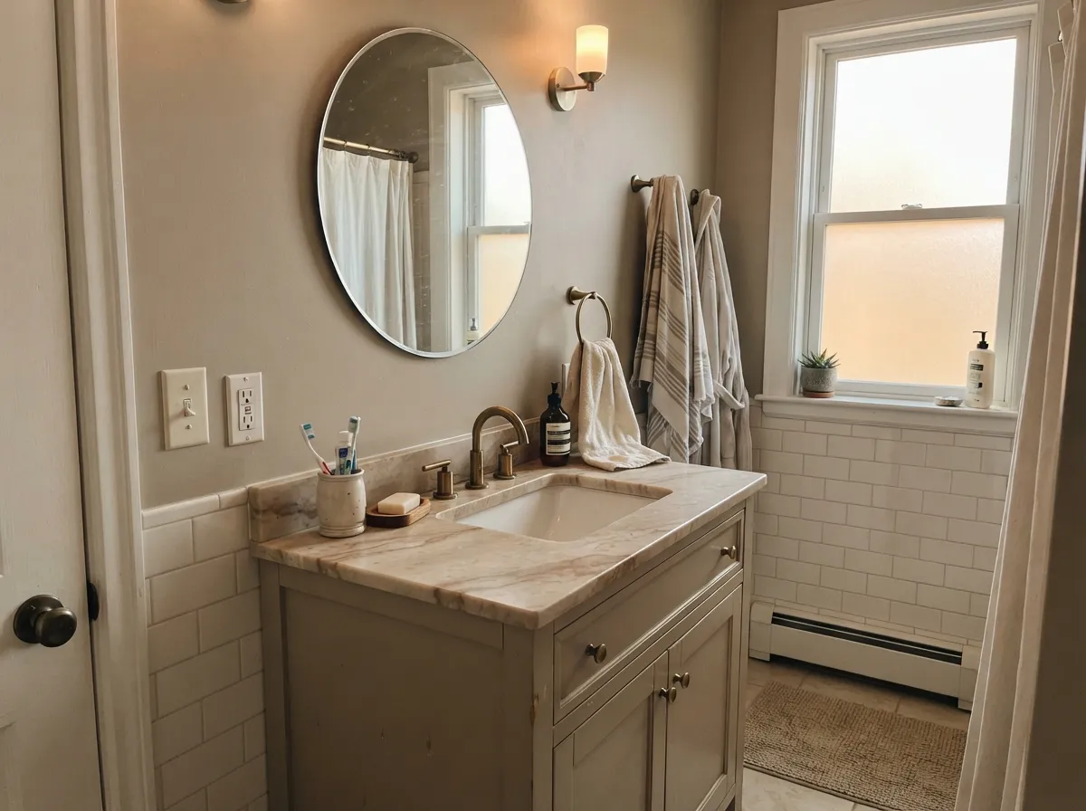 With warm stone and brass it settles into a genuine driftwood taupe — the small-commitment version of this color.