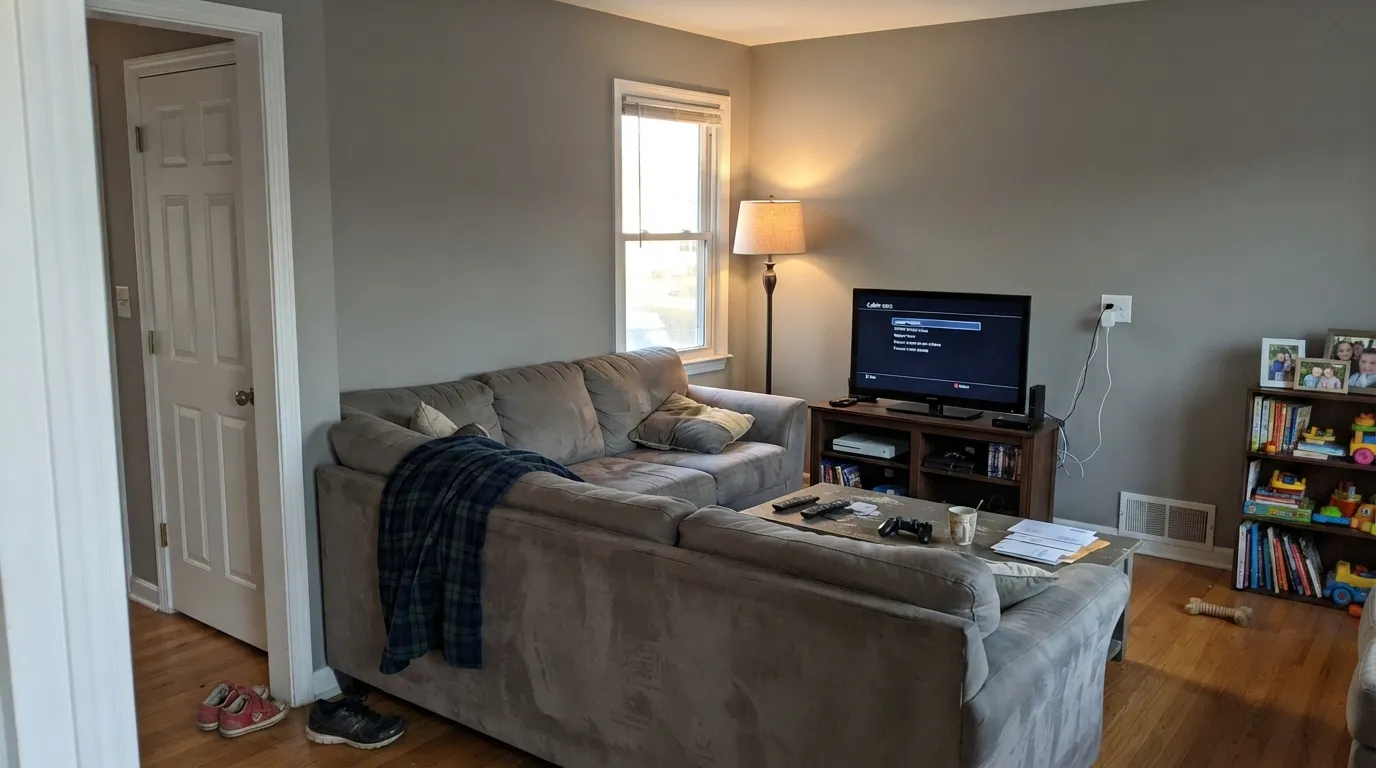 Cement Gray running a family room in real afternoon light — a clean mid-tone gray with no green or pink flash, and white trim keeping it honest.