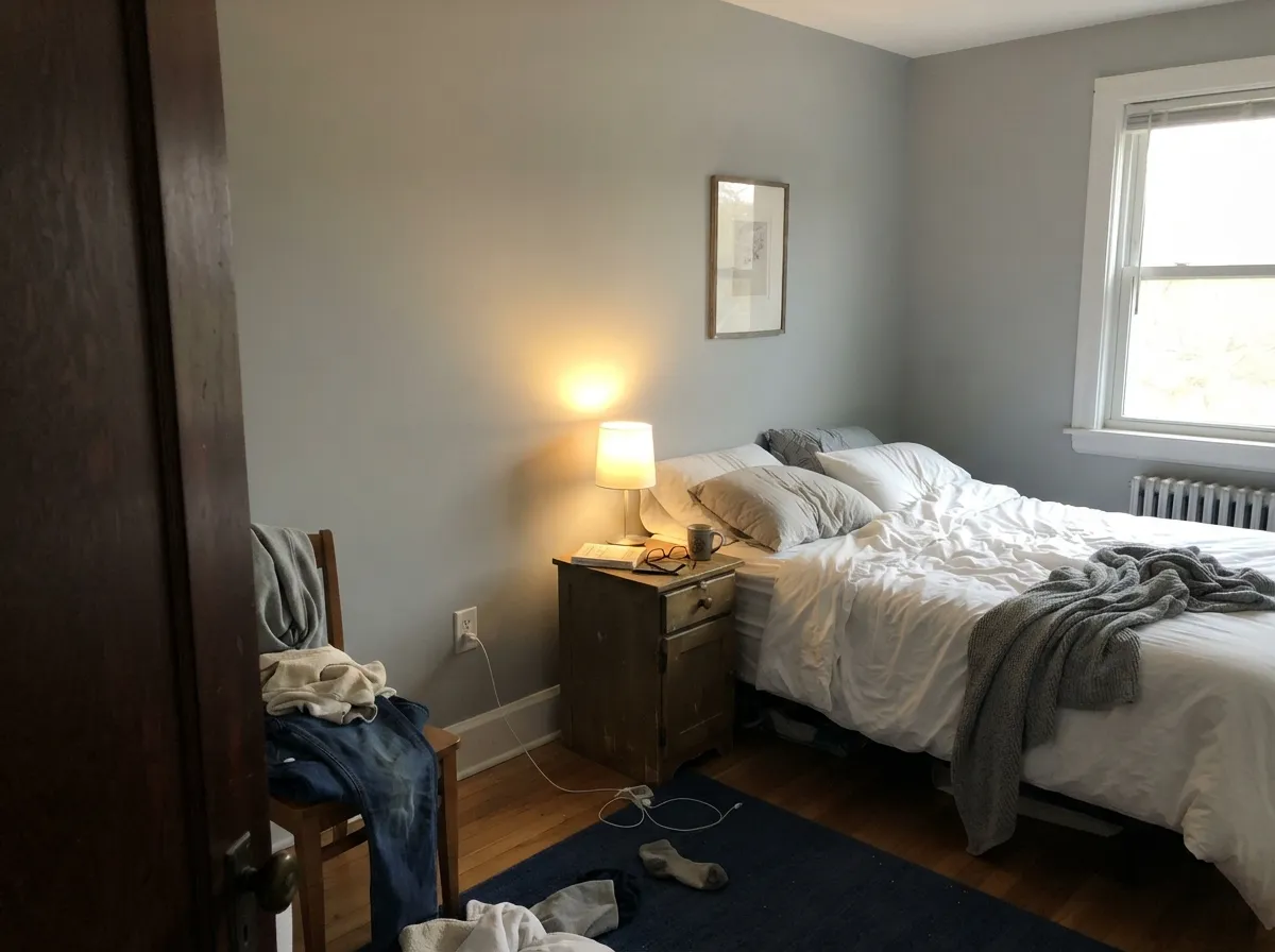 In a bedroom the color stays quiet and modern — the warm white trim and a 2700K lamp are what keep it from reading cold at night.