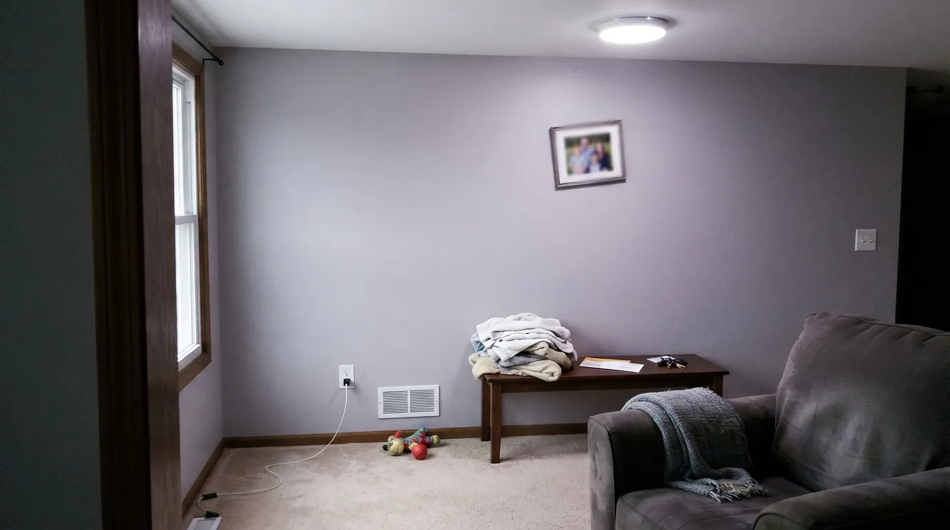 The honest shot: with no warmth of its own, cool north light and 4000K bulbs leave the wall flat and faintly lilac — the situation behind almost every bad review.