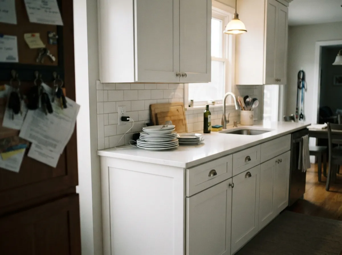 Chantilly Lace kitchen cabinets in satin with white quartz counters and subway tile.