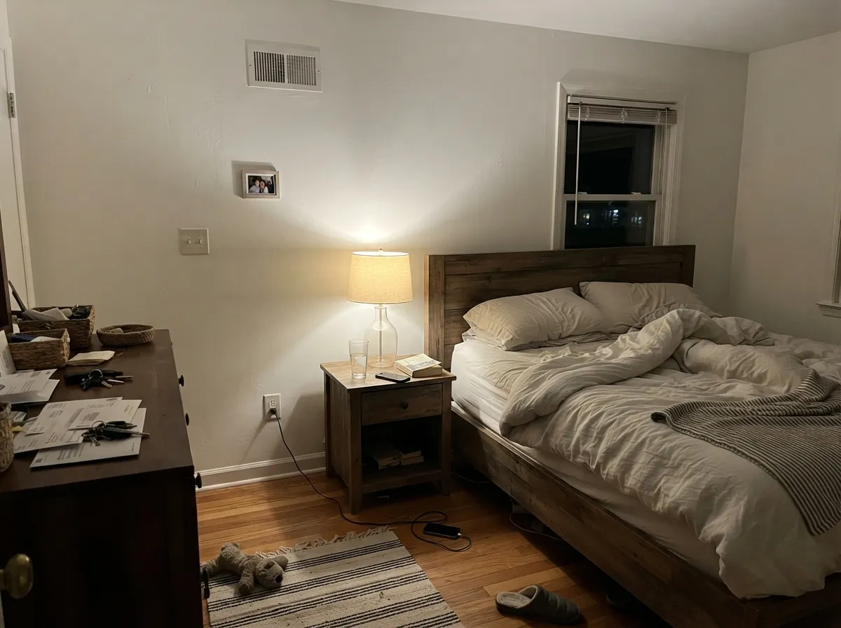 Chantilly Lace bedroom walls warmed by wood furniture, linen bedding, and lamplight.