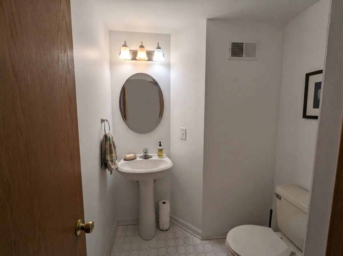 Chantilly Lace walls and ceiling in a windowless powder room with white tile.