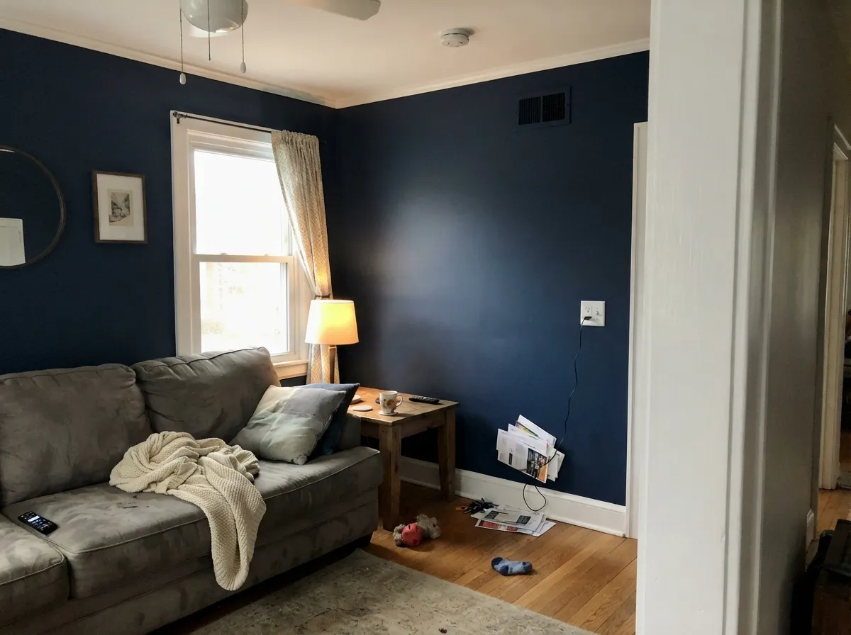 Chantilly Lace semi-gloss trim and flat ceiling against deep navy walls.