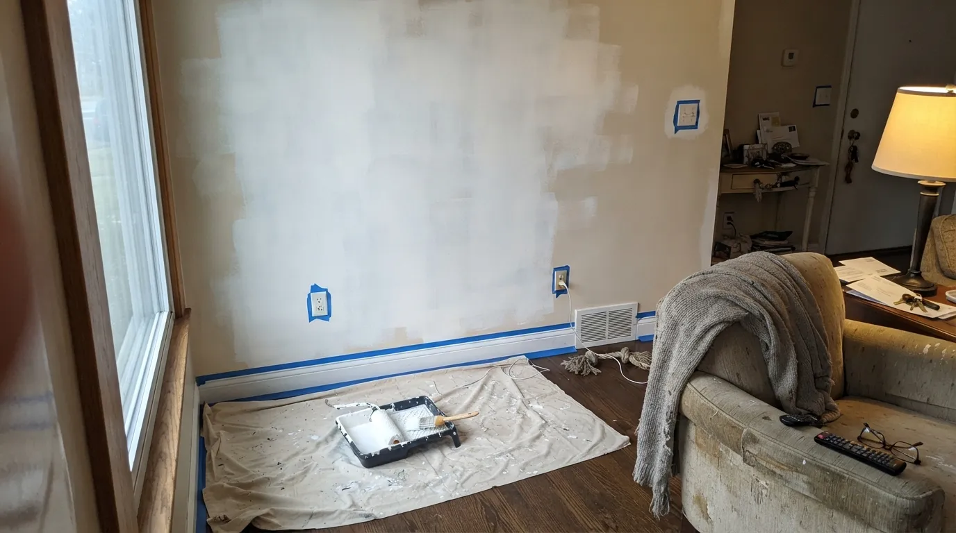 The honest shot: almost no tint in the can means almost no hide — painters plan three coats, and the first one looks like this.