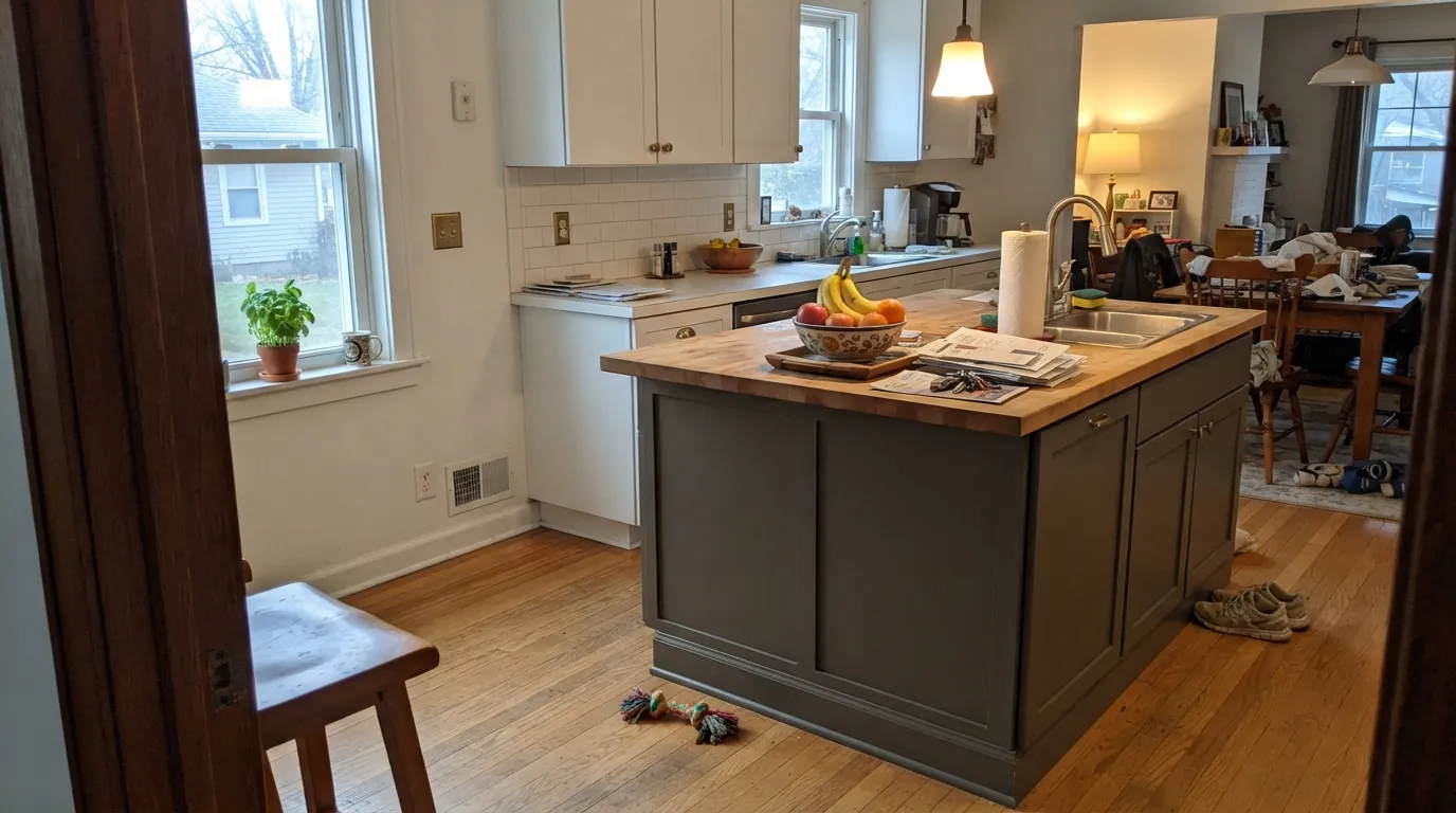 Chelsea Gray's signature use: a warm charcoal island against white perimeter cabinets, brass pulls, and butcher block — deep without going flat black.