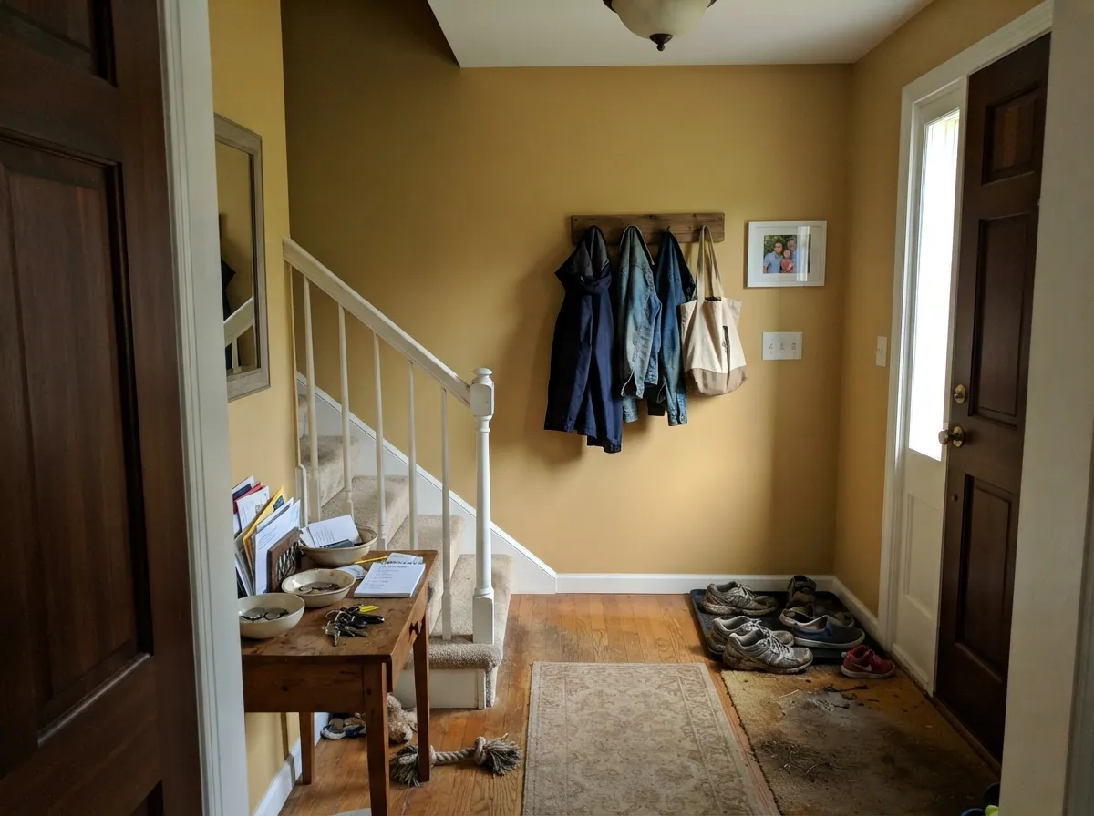 In a sunlit center hall the gold reads warm and welcoming, not orange.