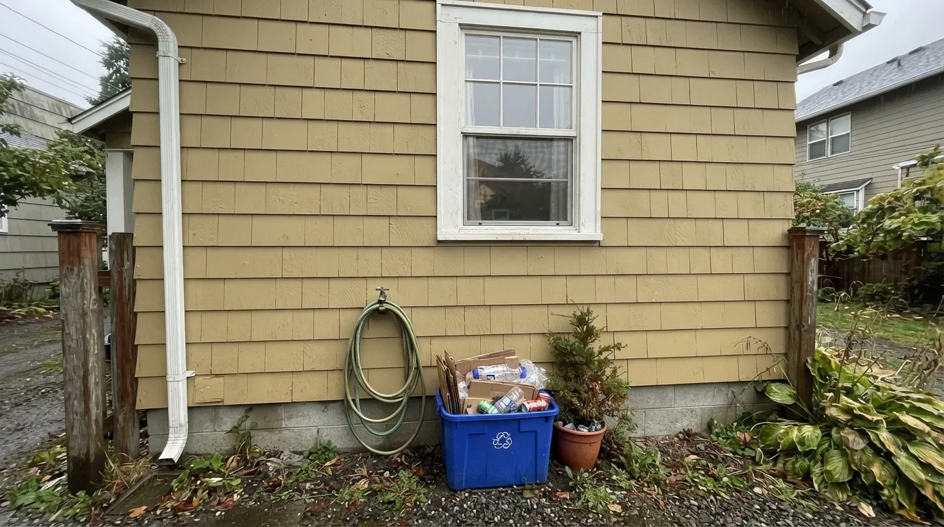 The same siding on the shaded, overcast side of the house — the gold drains out and reads flat, dated khaki-mustard instead of historic gold. This is the light behind the "looks like builder beige" complaints.