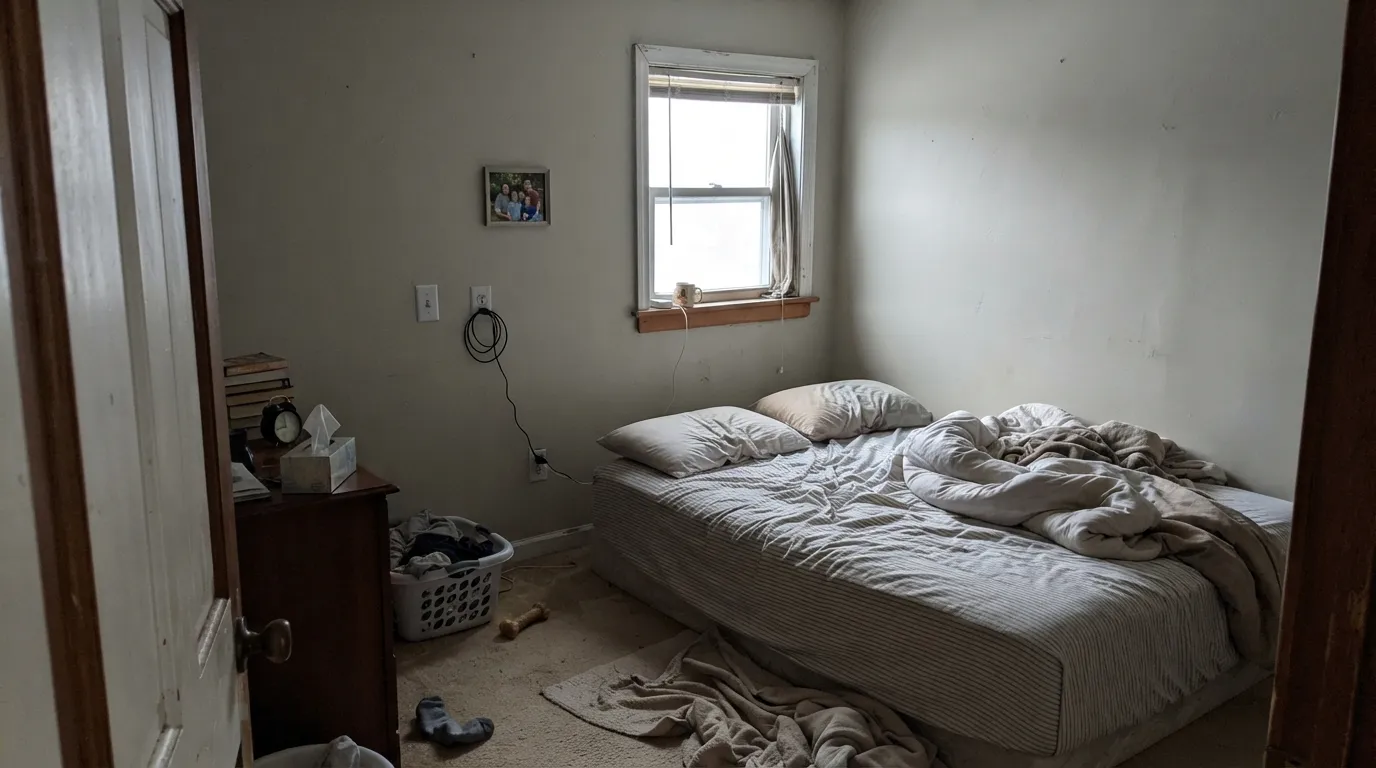 The honest shot: in weak north light the same paint goes flat grey — the exact swing the Houzz threads describe between houses.