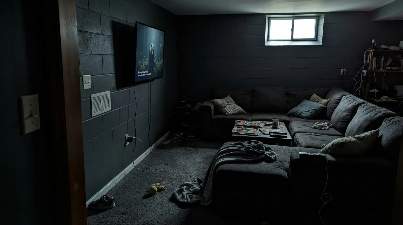 The honest shot: in a dim basement with one window and no lamps, Cinder goes a full step darker than the chip — four walls of dusty charcoal, which is the number-one way this color fails indoors.