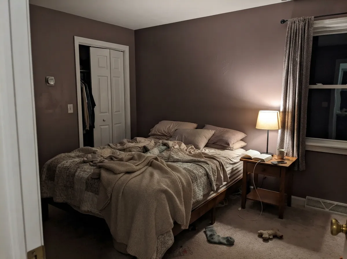 Cinnamon Slate matte bedroom walls under warm lamplight at night.